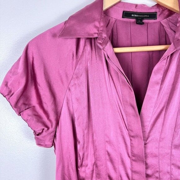 BCBG Max Azria Silk Pleated Button Up Blouse Sz S Mauve Coquette Fairy Romantic - Picture 2 of 11